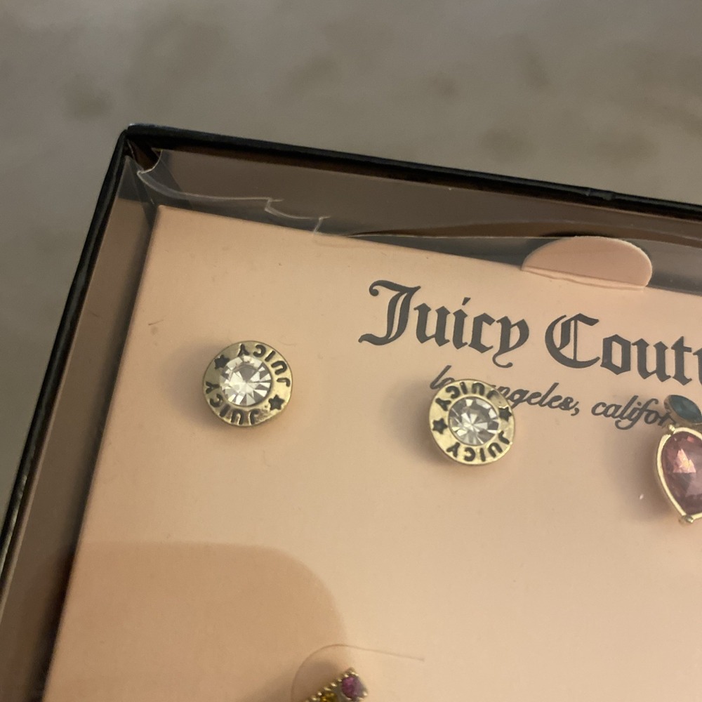 NWOT JUICY COUTURE EARRING SET OF 3 PAIR APPLE/JUICY/RAINBOW DANGLE GOLDTONE - Picture 6 of 12
